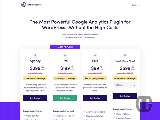 細かくはAgency($399.5)、Pro($199.5)、Plus(99.5)、100サイト($699.5)のプランがあるが、表示価格はサブスクリプション1年間かつ半額でのプライス