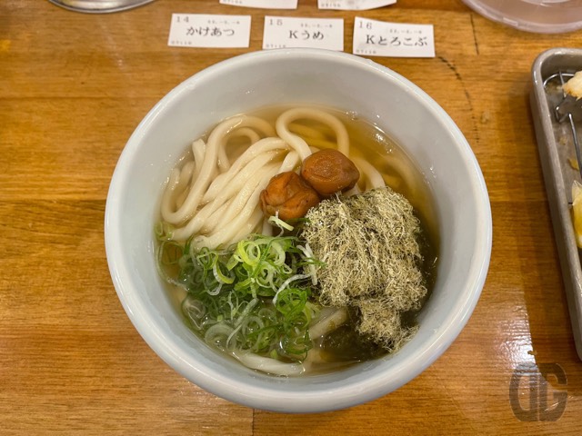 2杯目はやはり、かけうどん（温）に梅干しととろろ昆布。安定のうまさ