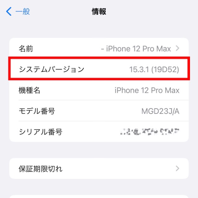 「15.3.1」をタップすると「15.3.1 (19D52)」と表示される