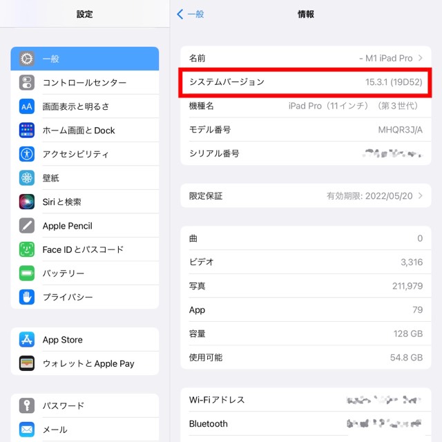 「システムバージョン」に「15.3.1 (19D52)」と表示